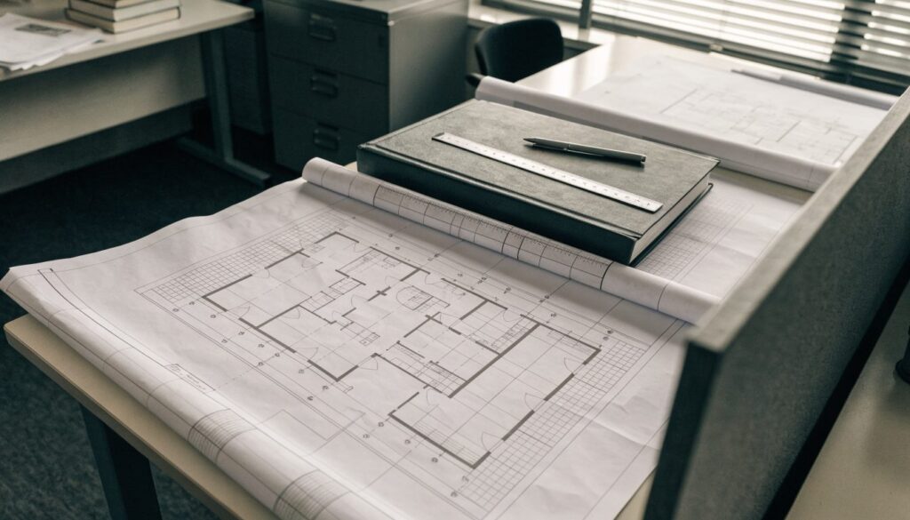 Plans d'architecte déroulés sur un bureau avec un classeur technique, un réglet et un stylo posés dessus