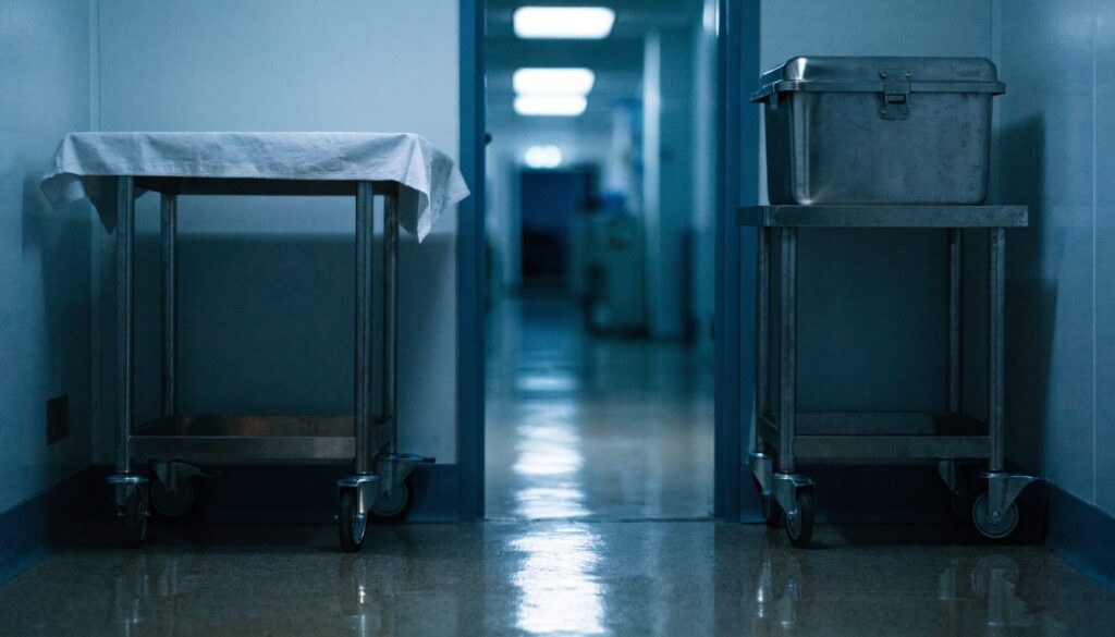 Deux chariots en inox stationnés de part et d'autre d'une porte de couloir hospitalier, l'un couvert d'un drap propre, l'autre portant un conteneur fermé