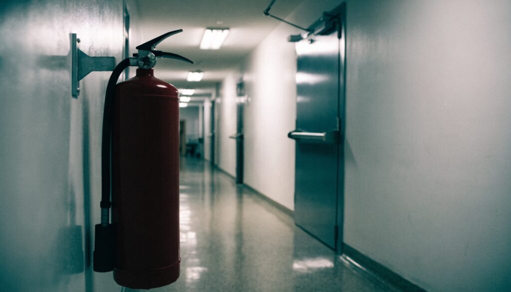 Extincteur rouge sur son support mural dans un couloir d'établissement de santé, porte à ferme-porte visible plus loin