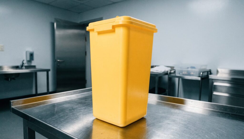 Collecteur rigide jaune pour objets piquants et coupants, couvercle fermé, posé sur une paillasse en inox dans une salle de soins
