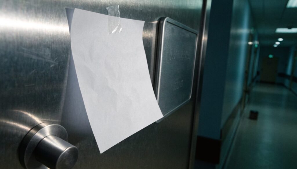 Feuille de papier blanche scotchée sur une porte d'établissement, masquant en partie une plaque gravée