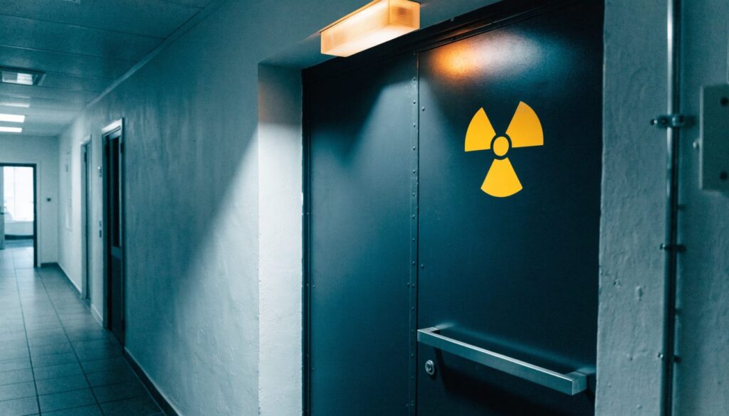 Porte plombée d'une salle de radiologie portant le trèfle radioactif jaune, voyant lumineux allumé au-dessus