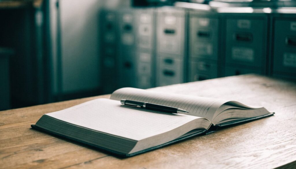 Registre relié ouvert sur des pages réglées vierges, avec un stylo, posé sur un bureau devant des classeurs métalliques
