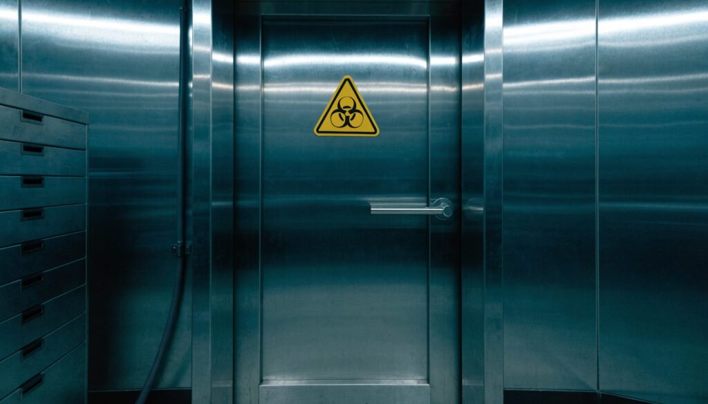 Panneau triangulaire jaune portant le symbole noir du risque biologique, fixé sur une porte de laboratoire en inox