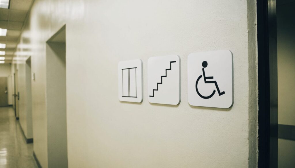 Trois panneaux à pictogrammes sans texte alignés sur un mur de couloir : ascenseur, escalier et fauteuil roulant