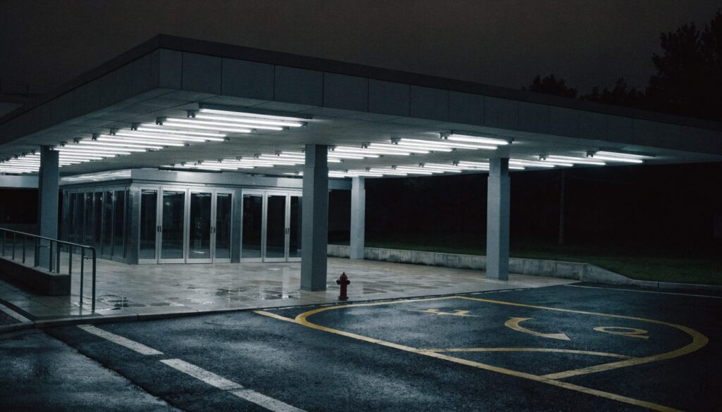 Auvent d'entrée d'un service d'urgences éclairé la nuit, portes vitrées automatiques et marquage au sol de la zone ambulances
